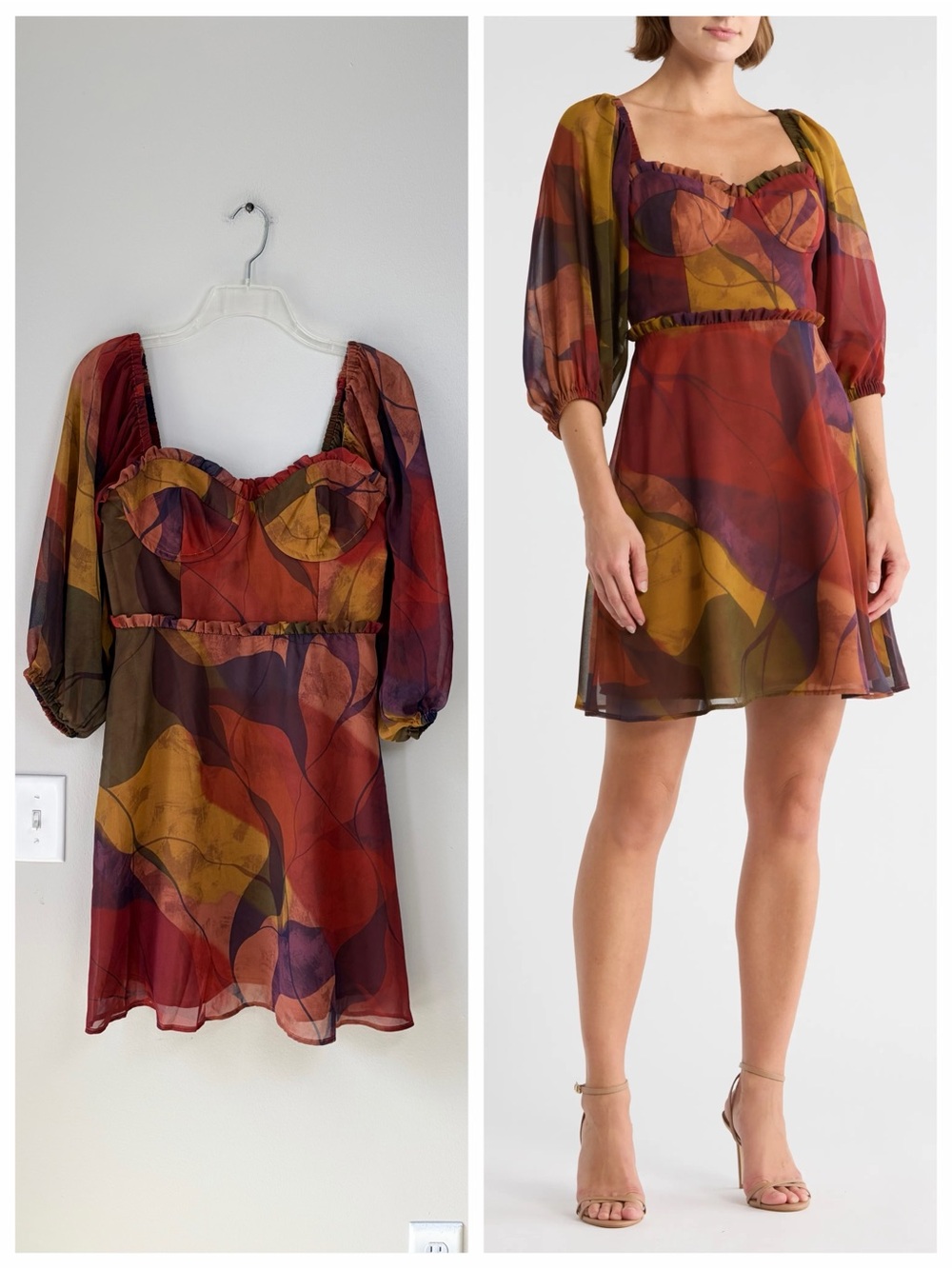 Hutch Adela Balloon Sleeve Artsy Mini Dress in Clay Multi Organic Layered Geo